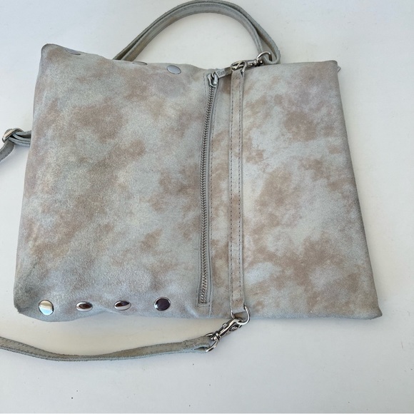 HAMMITT VIP Gray w Pewter Silver Suede Distressed Flap Strap Medium Crossbody - Picture 7 of 16